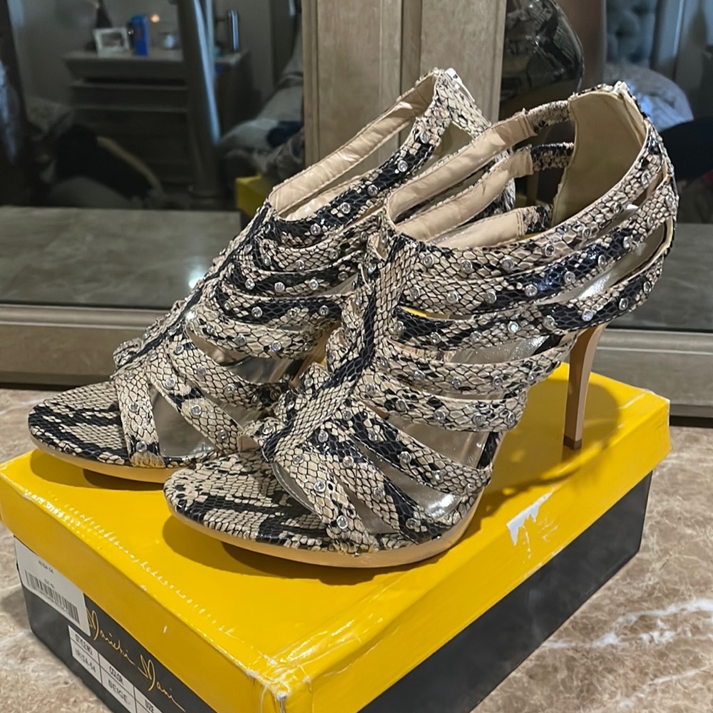 Marichi Mani faux snakeskin heels with diamond embellishments